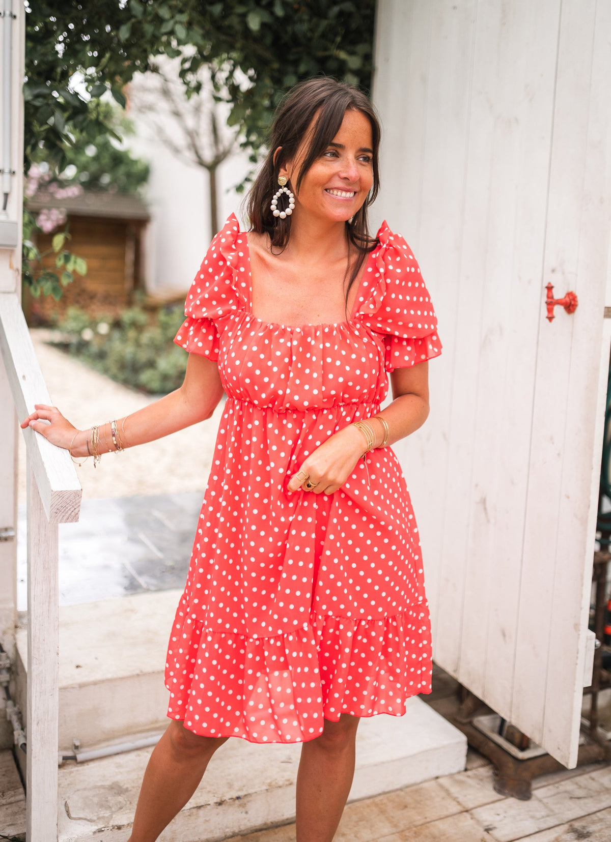Robe Talou corail - à pois blanc